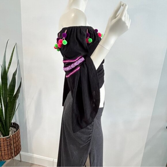 Pitusa Stretch Cotton OTS Peasant Blouse with Dingle Balls - Picture 5 of 15